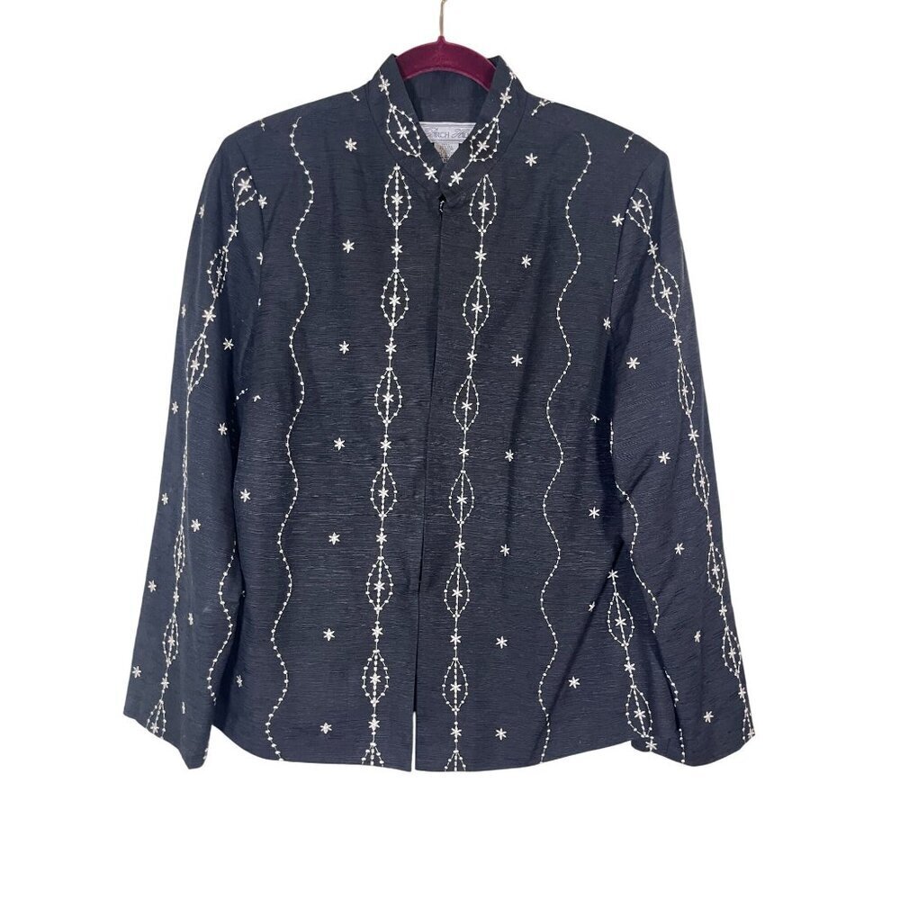 Vintage Silk Floral Jacket XL Black Celestial Boho Retro Classic Preppy Resort